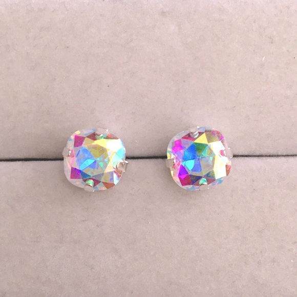 Jewelry - Aurora Borealis + Silver Cushion Cut Crystal Earrings